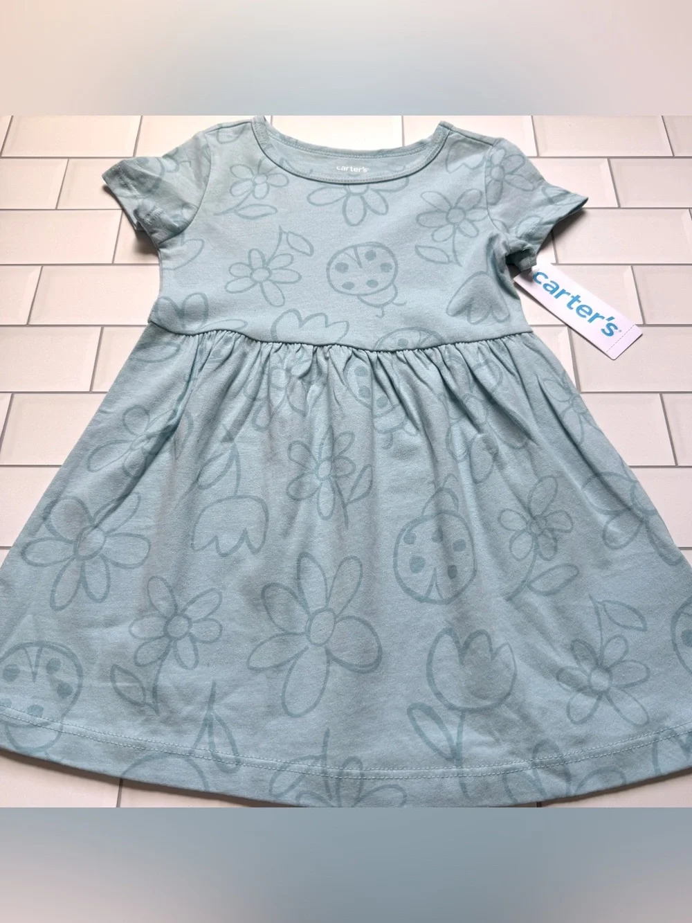 2T🐞 NEW Carter's Ladybug Light Blue Floral Print Casual Short Sleeve Girls Dress